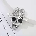 Vintage silver skull brooch wearing a sparkling rhinestone cowboy hat in punk dark style - Dark Style Cowboy Hat Skull Brooch Style