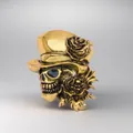 Golden skull brooch with top hat and rose details in a vintage metallic finish style - Top Hat Rose Skull Style