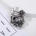 Vintage silver skull brooch with rose floral hat in gothic relief style for Halloween - Gothic Style Top Hat Rose Skull Style