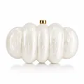 Detail of white acrylic clutch with gold clasp and pearl-like marble texture - Milky White