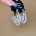 Silver vintage hoop earrings with tiered white pearls and zircon accents for women - Style 38 Silver Pearl Tassel