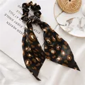 Leopard print satin scrunchie with long ribbon streamers and bow design for women - Coffee Leopard