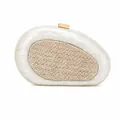 Elegant white marble acrylic shell clutch with woven raffia panel and gold clasp - Milky White