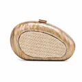 Detail of acrylic evening clutch with marble texture and woven panel inlay on white background - Coffee