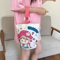 Canvas bucket tote bag with pink straps and sweet cartoon illustration for women - Sister Rabbit