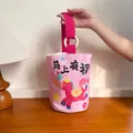 Pink canvas bucket bag with cartoon pony print and wooden ring handles for daily use - Good Luck Horse