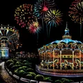 DIY night scene scratch art toy showing amusement park carousel and fireworks - Amusement Park