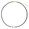 Schwarze 2mm Kristall-Perlenkette mit herzförmigem Evil Eye Anhänger und Goldverschluss - Schwarz (FN1232)