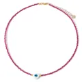 Pink beaded necklace with a white heart Evil Eye pendant and adjustable gold clasp - Magenta (FN1234)