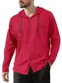 Men's casual red hooded cotton shirt featuring long sleeves and button-down front closure - Burgundy