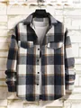 Elegante camicia di flanella a quadri blu e marrone da uomo con due tasche sul petto e vestibilità comoda - Blu navy