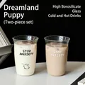 Set di due bicchieri in vetro borosilicato resistenti al calore con disegni di gatto e cane - 500ml / Stile Gatto e Cane