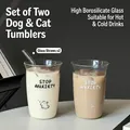 Set di due tazze in vetro borosilicato con stampe di cane e gatto e cannucce in vetro - 500ml / Stile Gatto e Cane con Cannucce in Vetro