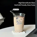 Borosilicate glass cup with blue 'Lying Flat' print and matching glass straw - 500ml / Office Lying Flat Illustration Style With Glass Straw