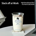 Borosilicate glass water cup with cartoon girl pattern and slack off text for office - 500ml / Slacking Off At Work Illustration Style