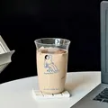 Borosilicate glass cup with blue cartoon illustration on white coaster for hot and cold drinks - 500ml / Office Lying Flat Illustration Style