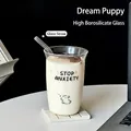 Minimalist dog illustration glass cup with straw and Stop Anxiety quote text - 500ml / Black Letter Dog Pattern Style With Glass Straw