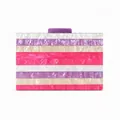 Detail of striped pearlescent acrylic evening clutch with purple rectangular clasp - Colorful