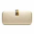 Macro view of champagne PU leather clutch bag with elegant two-tone metal clasp - Gold