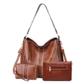Three-piece brown PU leather tote bag set with gold studs and tassel accents - Studded Brown Bag Collection Type C