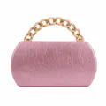 Pink metallic clutch evening bag with thick gold chain handle and ruched texture fabric - Peach