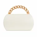 Detailed close-up of white embossed leather clutch with chunky gold chain handle - Milky White