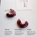 Retro deep red enamel heart hoop earrings in gold plated brass and 925 silver needle - Irregular C-Shape Style / Burgundy