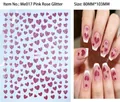Detail of glitter rose red heart nail stickers with Me017 model applied on French nails - Rose Red