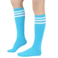 Sky blue knee-high socks with three white stripes in a sporty athletic college style - One Size / Light Sapphire Blue/White Striped