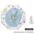Five-fold sun umbrella with silver coating and musical staff tulip pattern interior - Rotating Musical Notation Style (5-Fold Portable)