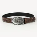 Brown leather Western belt with embossed silver buckle and decorative metal studs - 115cm / Coffee