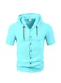 Men's light blue linen hooded short sleeve shirt with wooden buttons and drawstrings - Sky Blue