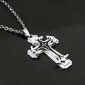 Macro shot of silver triple-layered gothic cross pendant with black enamel detailing - Black with Link Chain / Black