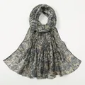 Elegant floral voile scarf for women in beige and navy blue vintage flower patterns - Beige with Navy Floral