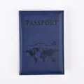 Detail of navy blue PU leather passport holder with embossed map and flight route - Dark Blue