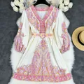 Bohemian paisley print mini dress in cream white with long sleeves and waist belt - S / Pink