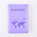 Detailed view of lavender PU leather passport cover with world map and plane design - Light Purple