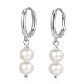 Élégantes créoles en argent sterling 925 avec double pendentif en perles blanches - Argent 925 / Or blanc