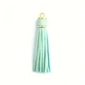 Mint green PU leather tassel keychain with gold metal cap and round ring hook - Light Green