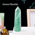 Hexagonal green fluorite crystal point pillar with tiger eye stone ball on display - Green Fluorite / 4-5cm