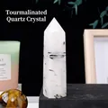 Polished natural black rutilated quartz hexagonal crystal pillar with dark needle inclusions - Black Rutilated Quartz / 4-5cm