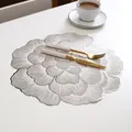 Peony flower PVC placemat in silver finish with gold cutlery and white coffee cup - Peony [silver]