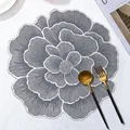 Dark grey Nordic floral PVC placemat with white petal outlines and gold cutlery decor - Peony-Grey Silver