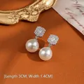 Boucles d'oreilles en argent S925 avec perles et zircon carré de 3cm x 1.4cm - Mode Zircone Perle / Argenté