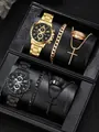 Business men's watch set featuring steel band watch, Cuban bracelet, ring and cross necklace - Cross Jewelry Double Collection (Gold+Black)