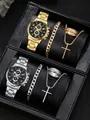 Close-up of gold and silver luxury watch sets with cross pendant and Cuban bracelets - Cross Jewelry Double Collection (Gold+Silver)