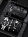 Men's fashion gift set with quartz watch, Cuban chain, ring, and cross necklace in a box - Cross Jewelry Double Collection (Black+Silver)