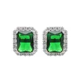 Vintage emerald-cut green crystal stud earrings with halo diamond setting in silver - Rectangular Emerald Green Halo Stud Earrings (ED161耳钉-祖母绿)