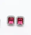 Elegant silver stud earrings with emerald-cut red stone and white zircon halo - Rectangular Rose Red Rhinestone Stud Earrings (ED161) / 925 Silver / Rose Red