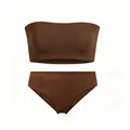 Detail of a dark brown strapless seamless bandeau bra and high-waist panty set - XS / Brown